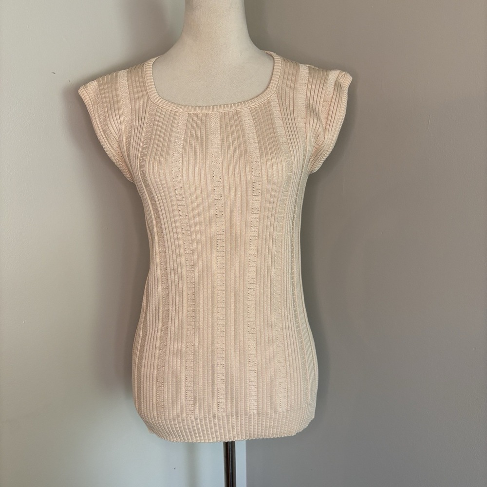 VTG Givenchy Sport Creamy Beige Short Sleeve 70s Sweater Top Ribbed Lux Small